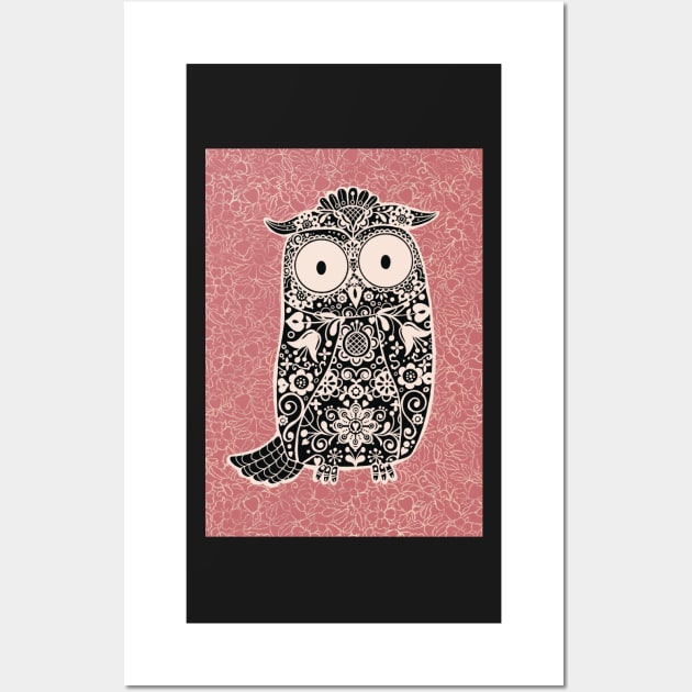 Black and White Folk Art Owl on rose pink floral background Wall Art by NattyDesigns